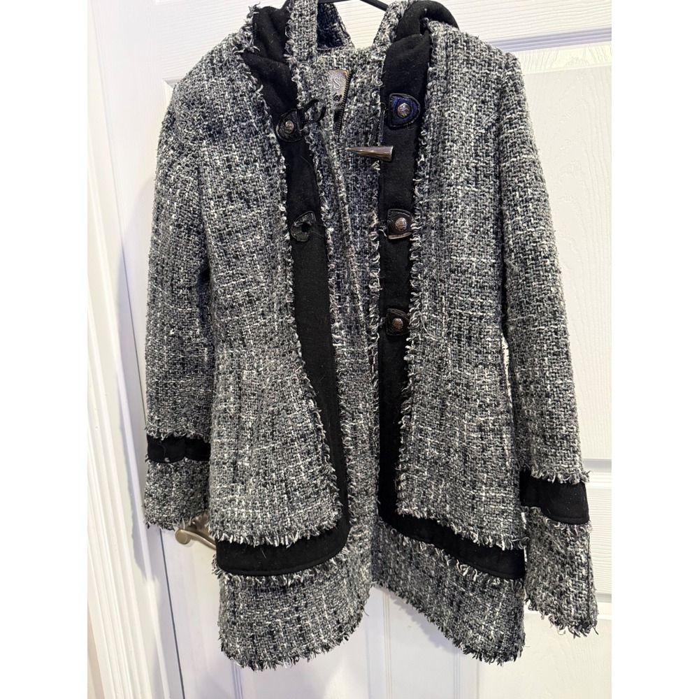 GUESS Los Angeles Tweed Hooded Toggle Coat Black‎ White Frayed Trim Mens